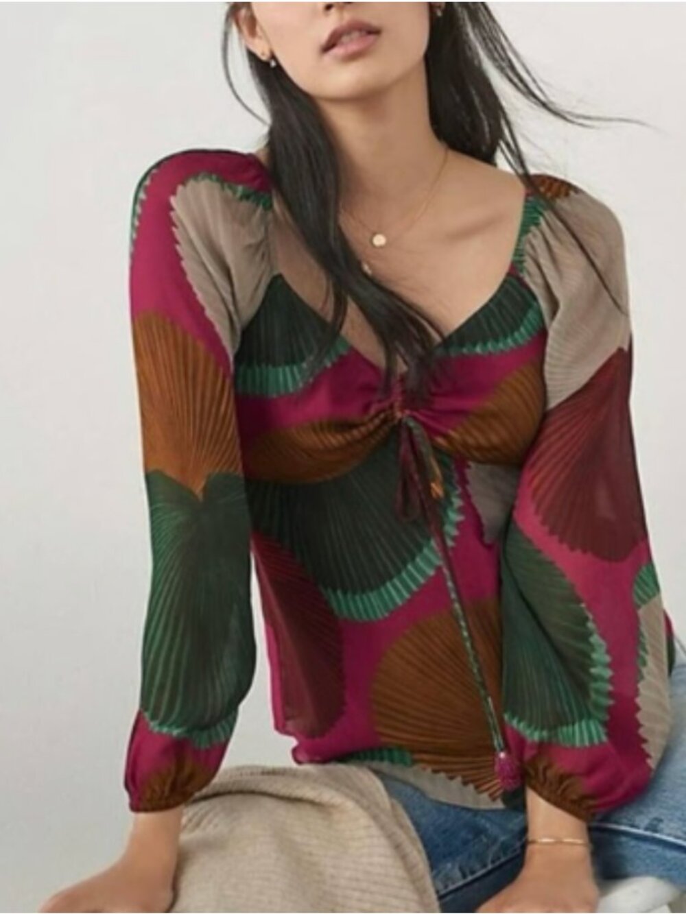 FARM Rio x Anthropologie Katalina Burgundy Palm Leaf Print Blouse Small